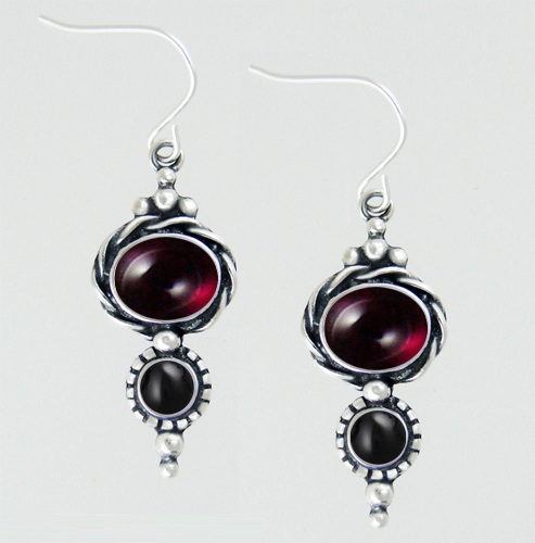 Sterling Silver Drop Dangle Earrings With Garnet And Black Onyx Sterling Silver Drop Dangle Earrings With Garnet And Black Onyx